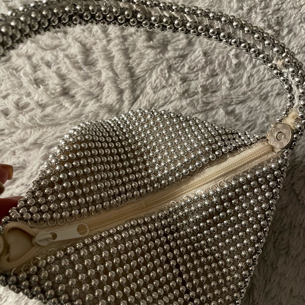 Silver Beaded Triangular Shaped Evening Bag - image 3
